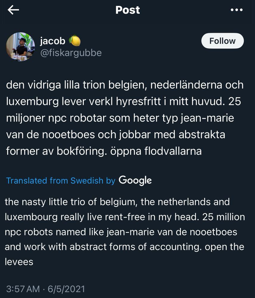 Bild av Tweet av @fiskargubbe från 2021-05-06: ”den vidriga trion belgien, nederländerna och luxemburg lever verkl hyresfritt i mitt huvud. 25 miljoner npc robotar som heter typ jean-marie van de nooetboes och jobbar med abstrakta former av bokföring. Öppna flodvallarna”. Under texten finns en Google-översättning till engelska.