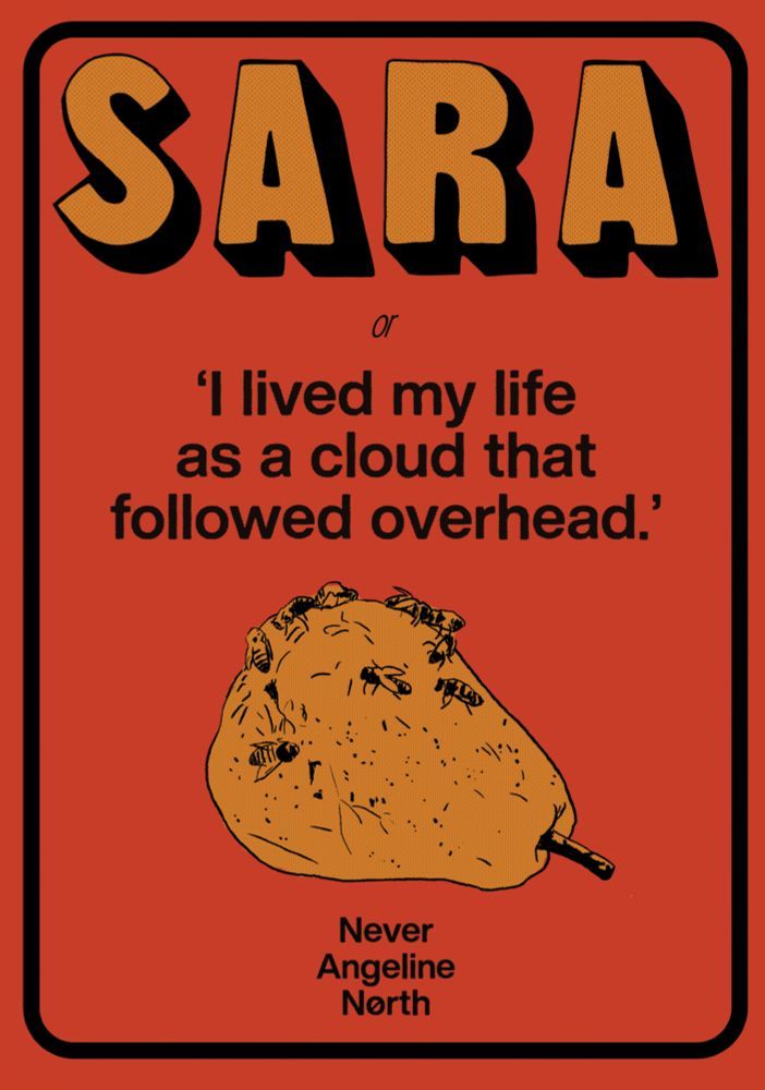 Cover art for SARA or 'I lived my life as a cloud that followed overhead' by never Angeline North 

Featuring that text in yellow on a red background with a black border and a drawing of a pear with bees on it below.