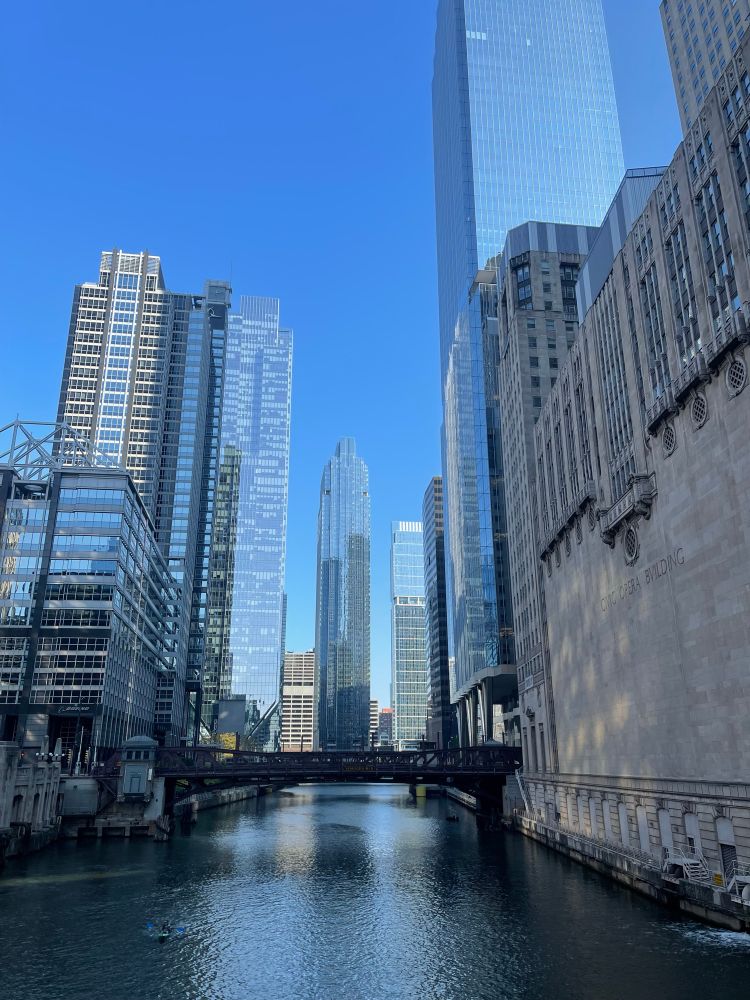 skyscrapers above a clean river; bridge