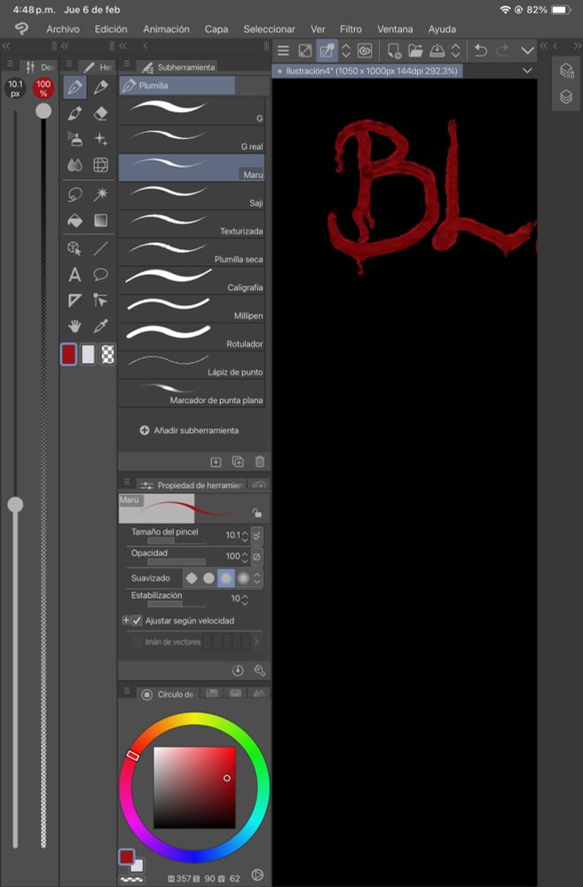 A clip studio paint screenshot that shows the letters BL in a dark red color, the letters appear to be made of some liquid. The background is black