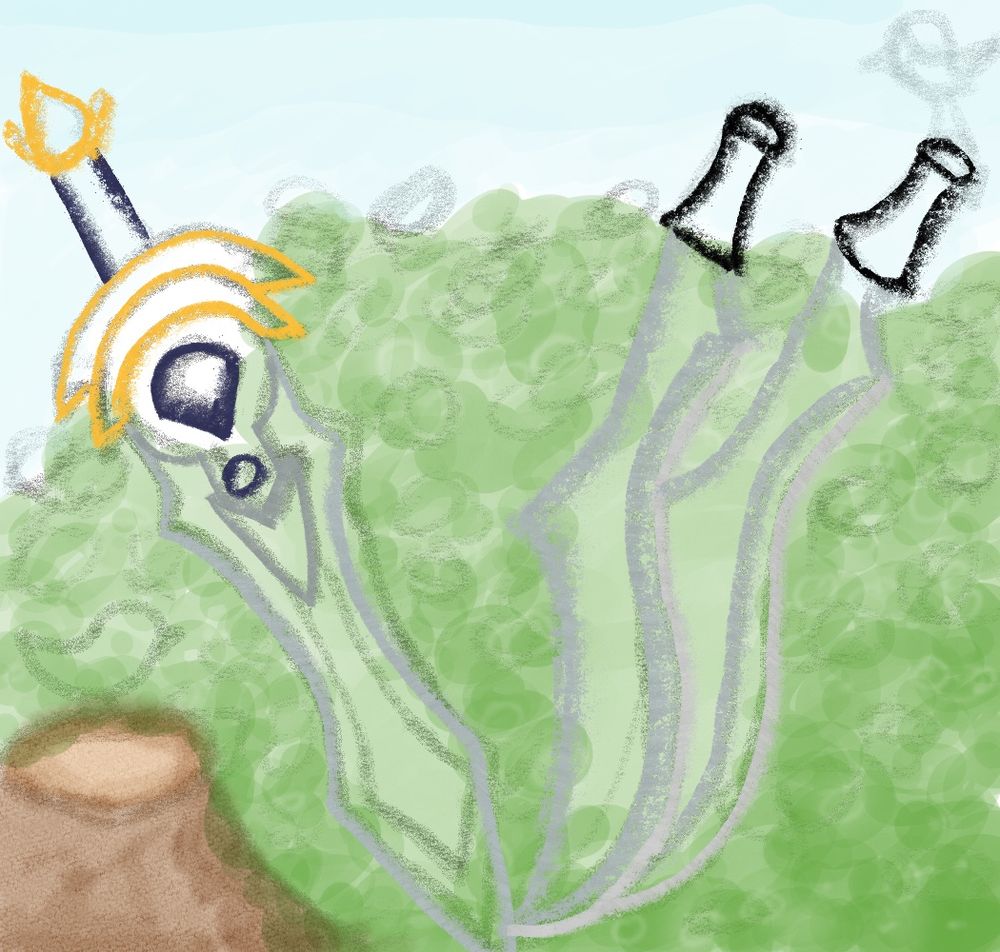 This image is the same as the last one except it has the rough sketch underneath. There’s texture on the bush, Garen’s sword has more detailed lines and there are two birds. One resting on top of the handle for Katarina’s weapon on the top right and another on the cut down tree trunk on the lower left corner