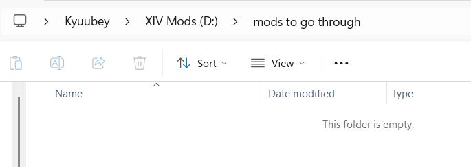 a screenshot showing my folder of mods to go through is empty, meaning i've finally organized nearly a terabyte of mods