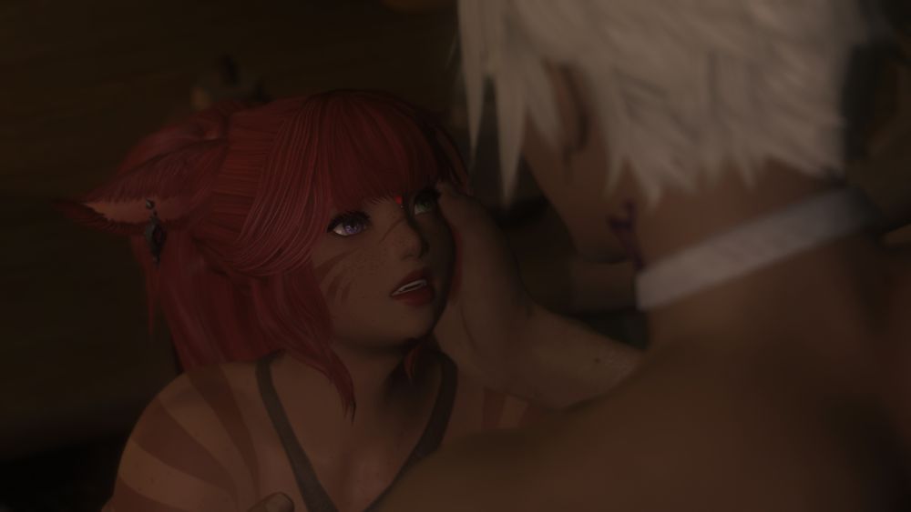 in a dimly lit room illuminated only by candlelight on a nearby table, cherry looks up at thancred with a fearful expression on her face. he stands before her, his back to the camera, which is angled over his shoulder. he holds her arm in one hand and cups her face in another, his expression obscured by the angle and his hair.
