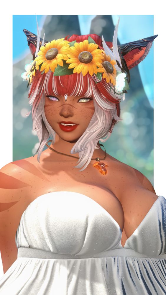 cherry smiles, her mouth open as if mid-sentence, as she clasps her hands behind her back and looks off to the side of the camera. a flower crown of sunflowers and elpis blooms, accented with leaves, adorns her head. a crystal gem decorates her forehead. she wears a strapless white gown. the mountains of il mheg, framed by bright blue sky, tower behind her.