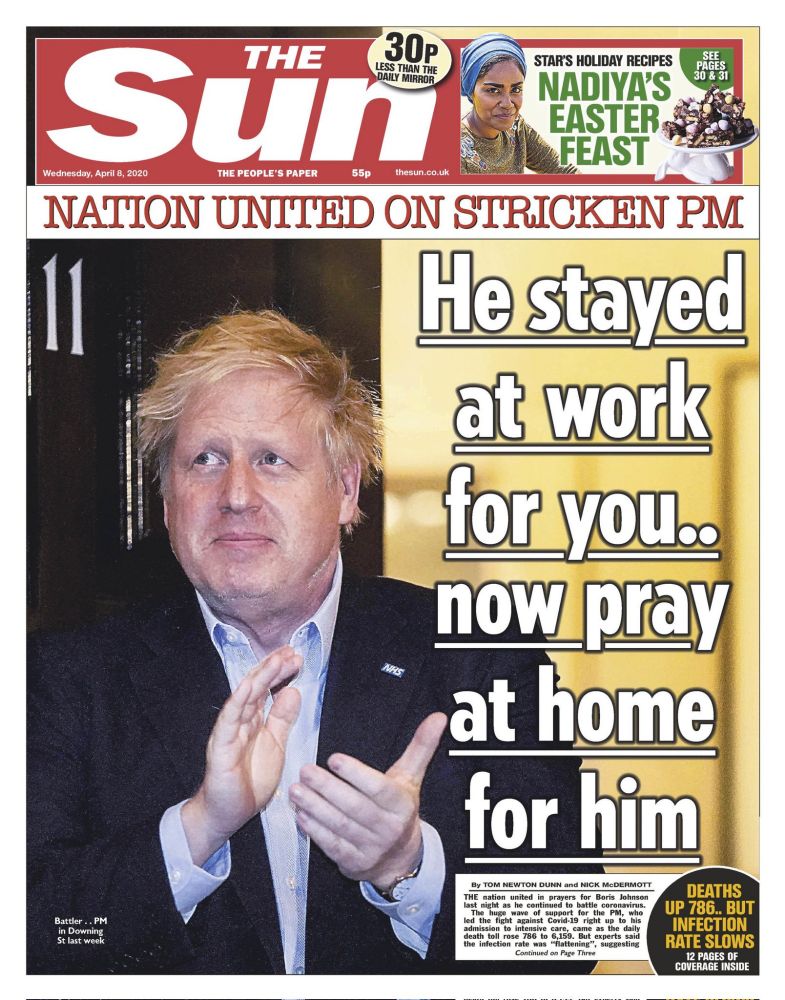 The Sun headline "HE STAYED AT WORK FOR YOU... NOW PRAY AT HOME FOR HIM" regarding Johnson catching Covid.