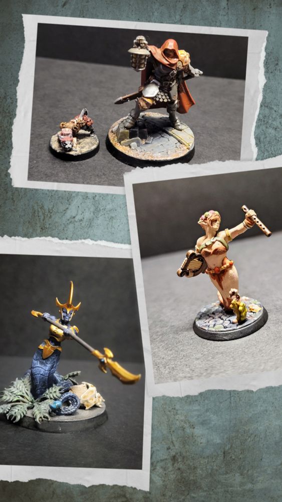 Collage of three pictures of various minitures from top to bottome: a stormcast eternal woman with a lykoi cat, a koi fish inspired mermaid and a Melusai Blood Sister painted in a blue colour scheme. 