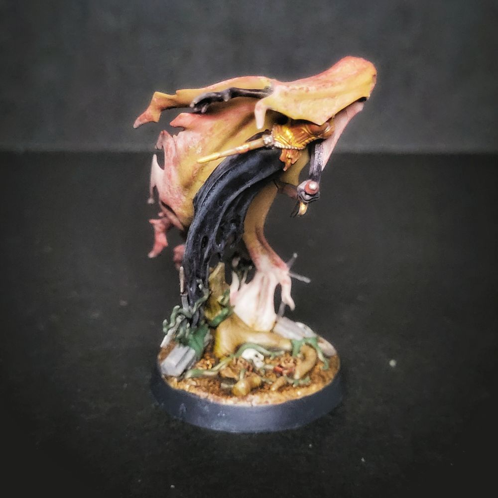 Banshee from age of sigmar in an autumnal paint scheme from the side. 