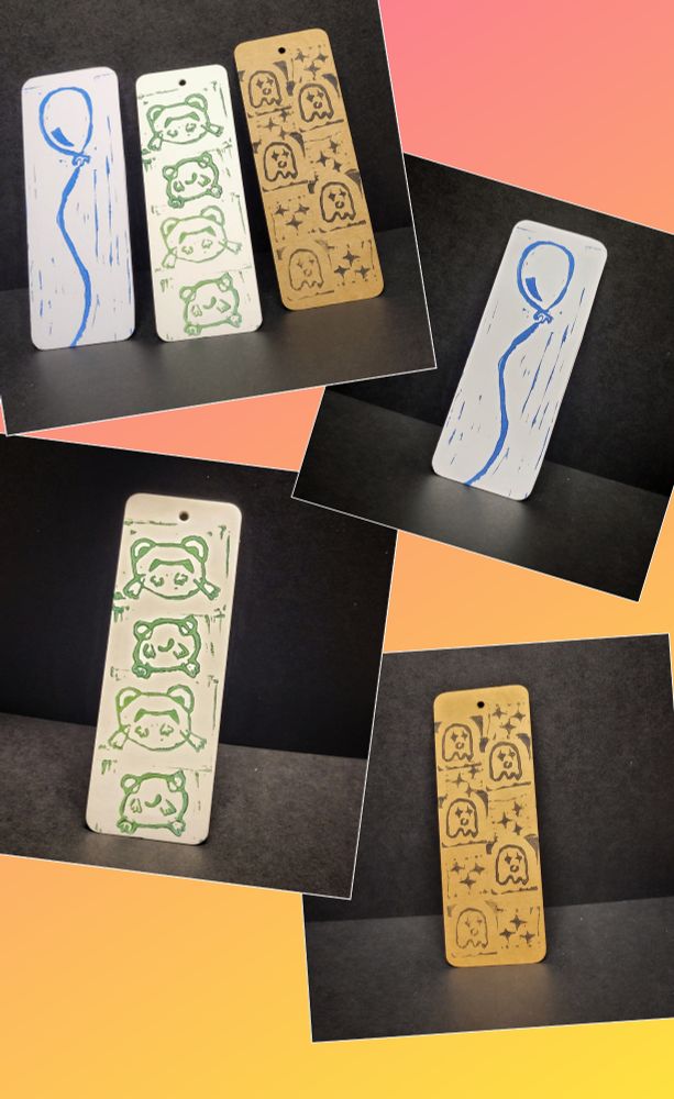 Sets of bookmarks featuring green frogs, black ghosts and a blue balloon.
