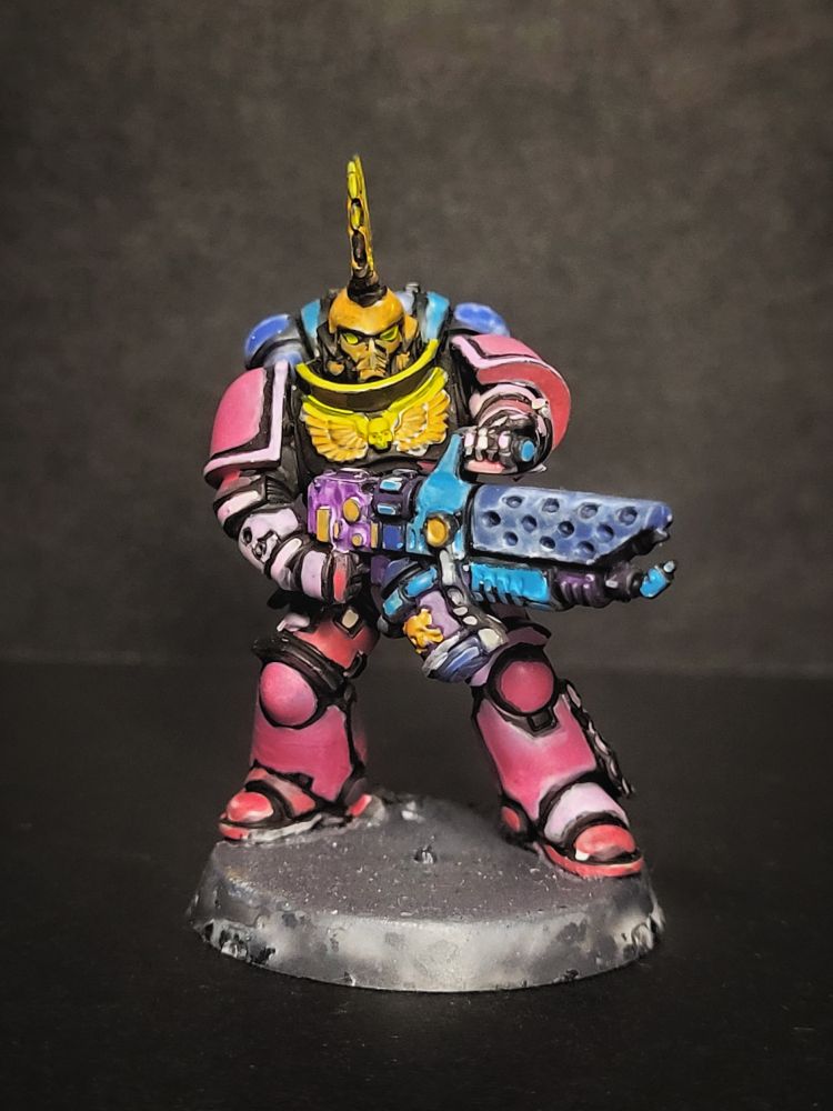 Kit bashed Cel shade space marine from the front. 