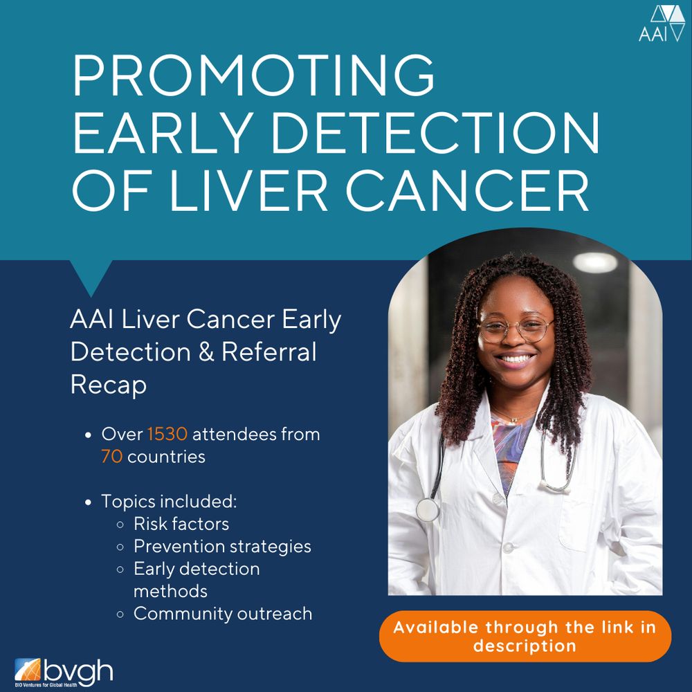 Teal and navy background with white text and a photo of a doctor in an arched frame on the right-hand side. The tile reads "Promoting early detection of liver cancer" and underneath is a subheading reading "AAI Liver Cancer Early Detection & Referral Recap". Bulleted text reads "Over 1530 attendees from over 70 countries. Topics included: risk factors, prevention strategies, early detection methods, and community outreach". An orange button reads "Available through the link in description". The BVGH and AAI logos are in the top right and bottom left corners.