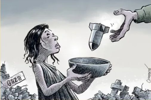 A criança segura uma tigela vazia enquanto uma mão lhe oferece uma bomba. Ao fundo, há destroços e uma placa escrita "Gaza". A ilustração é de Chappatte, publicada no Le Temps, de Genebra.