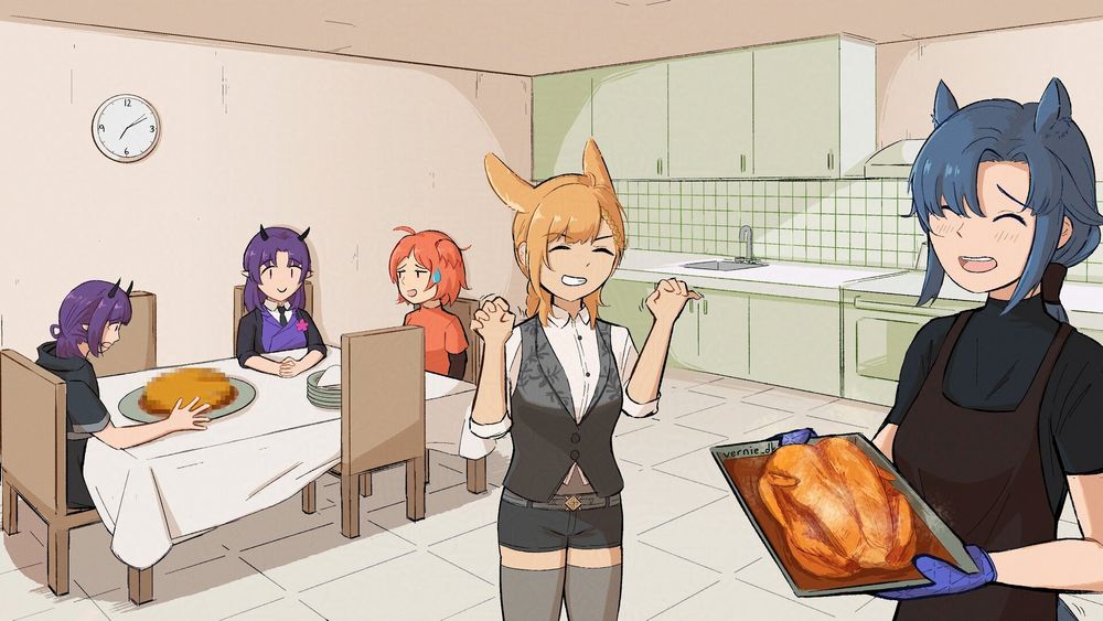 art of Fang from Arknights in a kitchen/dining room using oven mitts to hold a tray with a roast bird on it. Kroos raises her hands as if to pounce on it while Lava, Hibiscus, and Beagle are seated at a table with a plate with something pixelated on it.