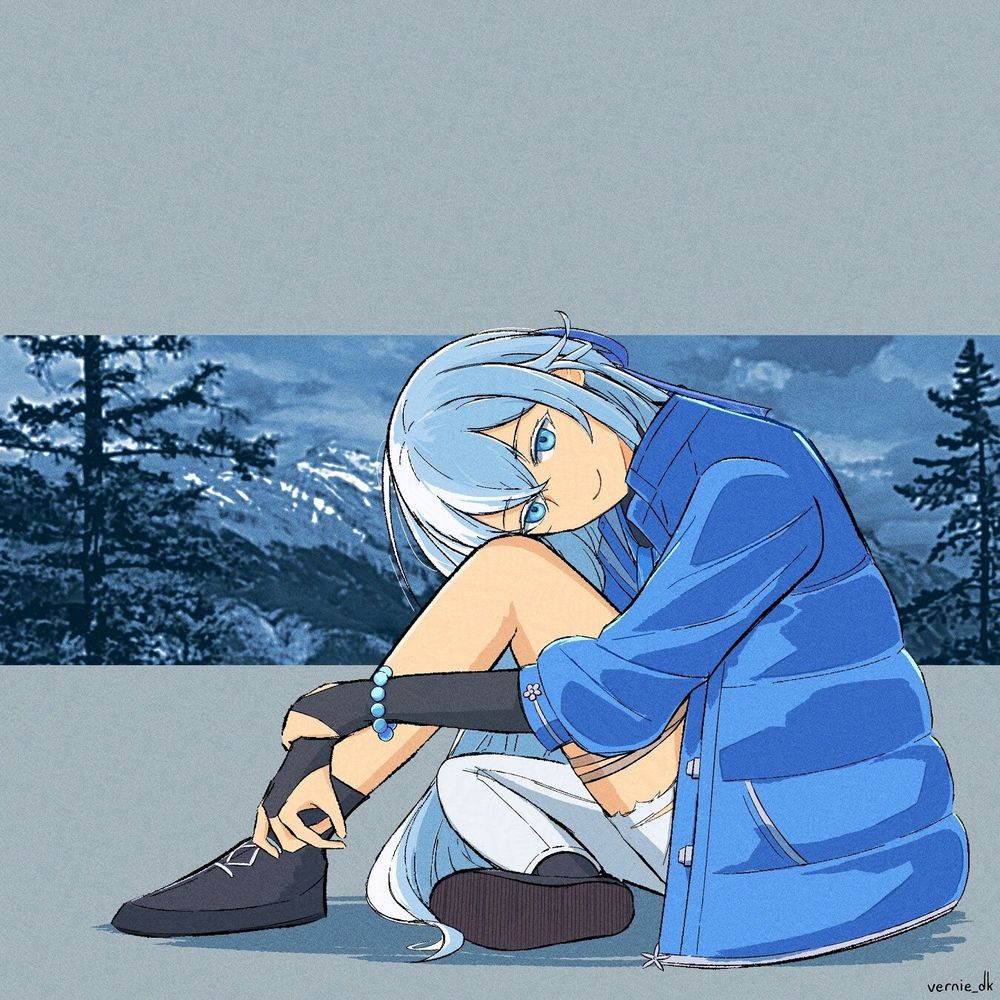 art of Shizuna Rem Misurugi in her Trails through Daybreak 2 outfit sitting on the ground with her left leg extended and her hands around her ankle. Spruce trees and snow capped mountains are visible in the background.