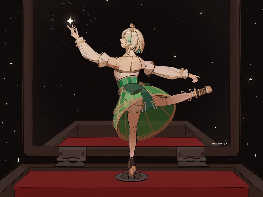 art of Cecilia Immergreen in the place of a ballerina in a music box, reaching for a star in the reflection of the case of the box.