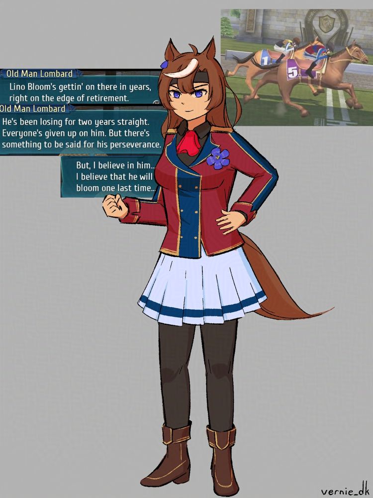 art of Lino Bloom, a horse from Trails of Cold Steel 3, reimagined as a horsegirl. 
Top right: an in-game screenshot of the horse crossing a finish line.
Left: the text reads: Lino Bloom's gettin' on there in years, right on the edge of retirement. He's been losing for two years straight. Everyone's given up on him. But there's something to be said for his perseverance. But, I believe in him... I believe that he will bloom one last time...