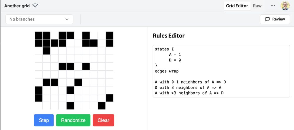 A screenshot of a grid with rules describing Conway's Game of Life in a custom programming language alongside.