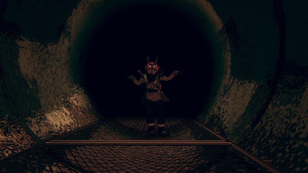 Dungeons of Hinterberg screenshot with Luisa dressed as Krampus, before a scary dark background.