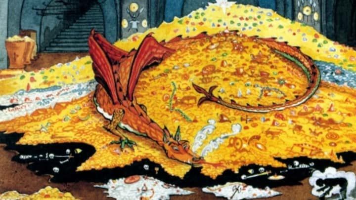 Illustration of Smaug from Lord of the rings lying on his treasure 
