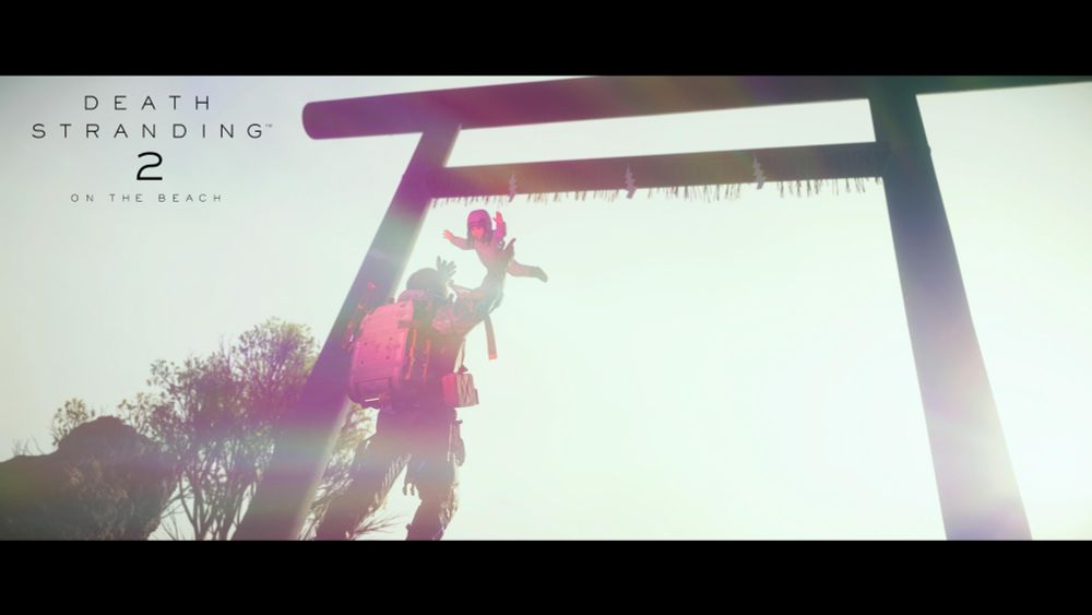 Diane, this is a screenshot from the game death stranding 2 with it's protagonist Sam Porter Bridges throwing his baby up in the air in a playful manner. 