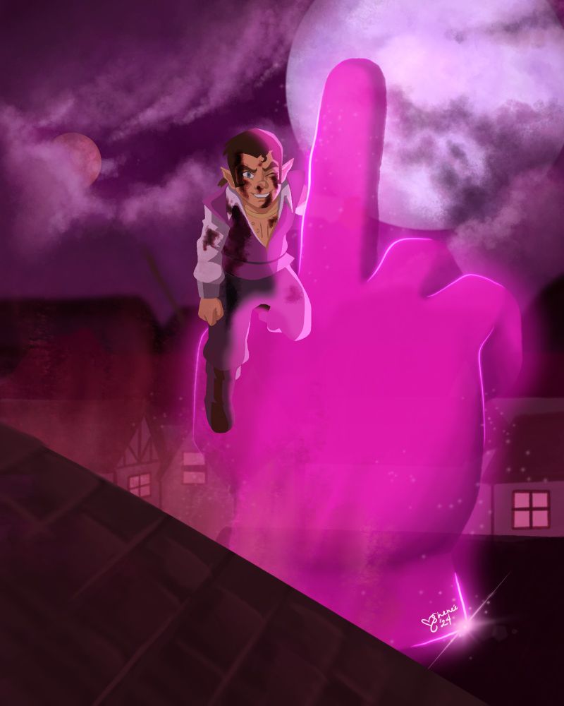 a digital painting of scanlan from the legend of vox machina. he is standing on a giant pink hand floating off of a roof and into the city beyond. he is bloody, but smiling and the giant hand is giving a middle finger.