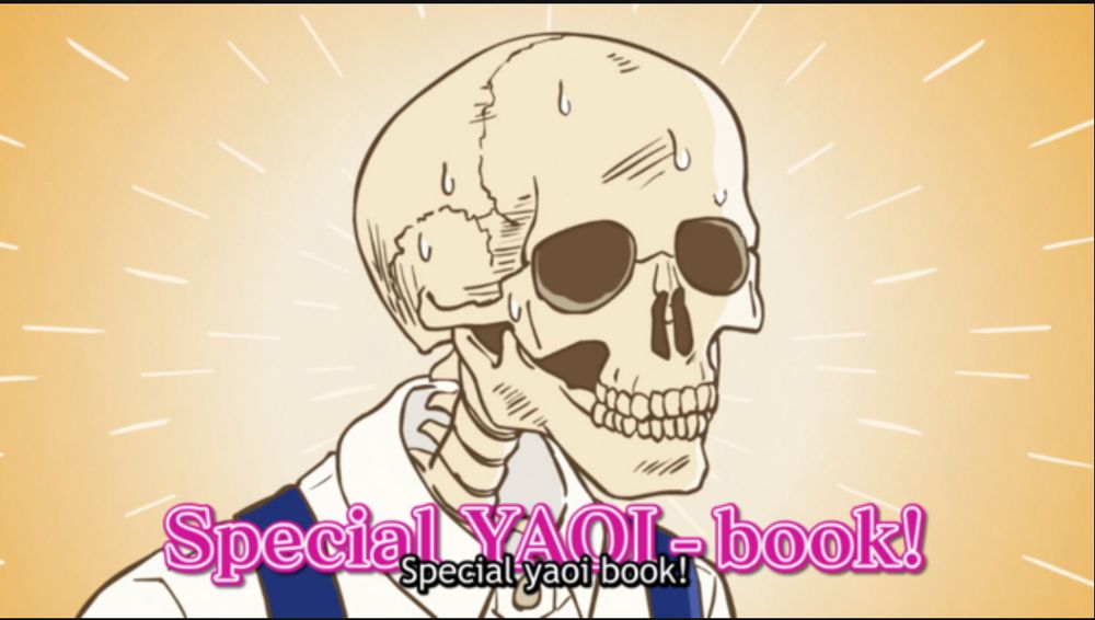 Skullface bookseller Honda san sweating as he thinks about “special Yaoi book!” 