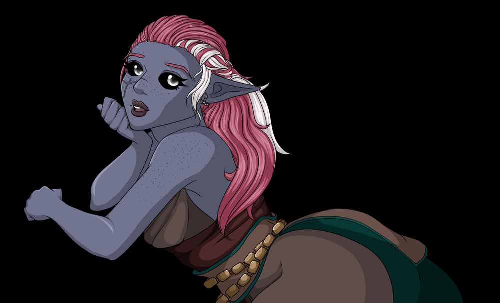 A blue skinned drow with pink hair and casual clothing on, laying on her stomach and resting her chin on a hand.