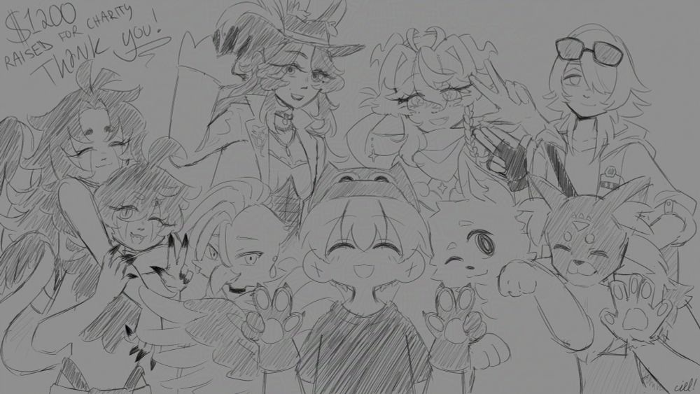 a doodle of, from left to right and top to bottom: rosie from the velociraptwins, esme silverthorn, cielesque, azel0us, jazz from the velociraptwins, rockyroosterboy, a-dylite, manekostar, and awesomechipzz. there is text in the top-left corner that says "$1200 raised for charity" and "thank you!"