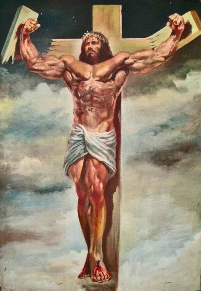 an unnervingly buff Jesus on a crucifix flexing his biceps to break it apart