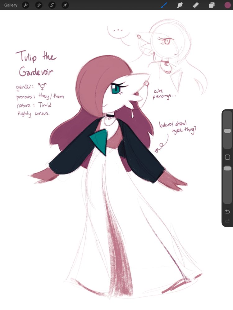 a drawing of a Gardevoir, a humanlike Pokemon with a long white dress. normally they have short green "hair" but this one has soft pink hair that's pretty long. they're also wearing a black bolero sweater and several piercings on their ear-like appendages.