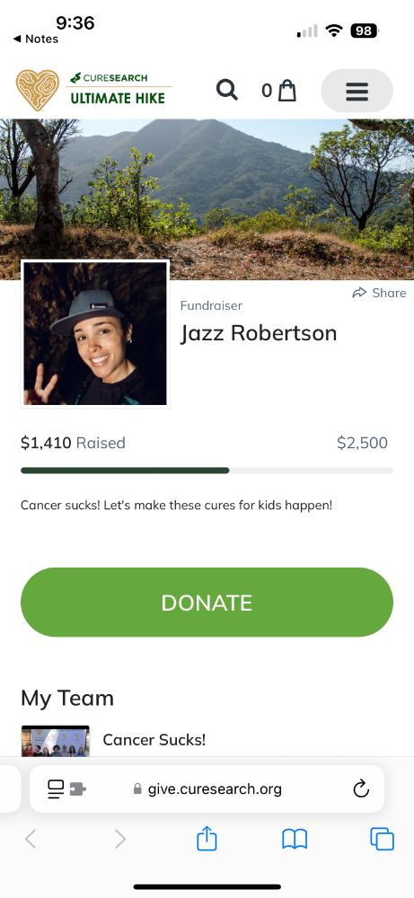 Donation page - $1410 of $2500 raised!