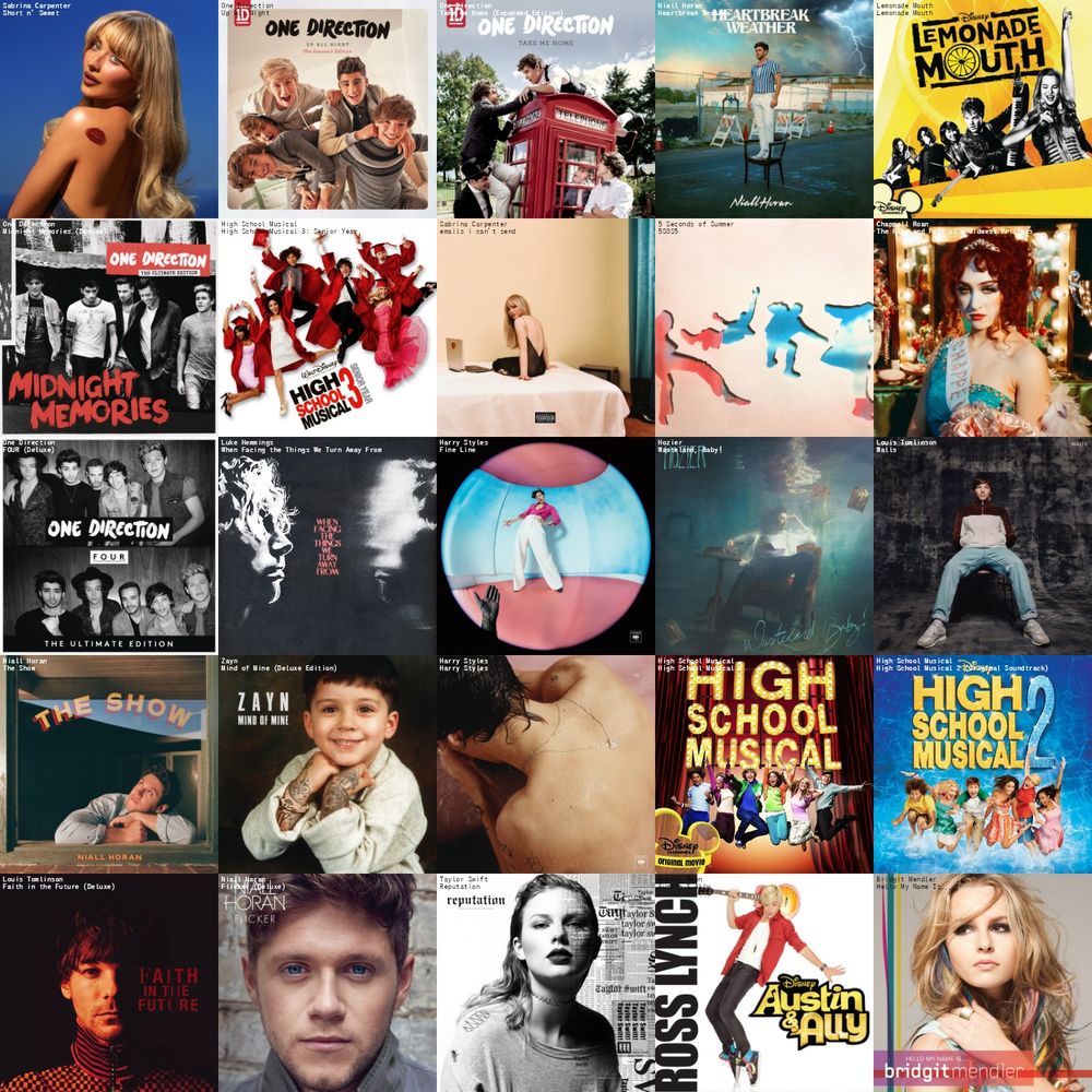 START image ID. a five-by-five grid of albums. from top left to bottom right the albums are as follows: short n' sweet, up all night, take me home (expanded edition), heartbreak weather, lemonade mouth, midnight memories (deluxe), high school musical 3: senior year, emails i can't send, 5sos5, the rise and fall of a midwest princess, four (deluxe), when facing the things we turn away from, fine line, wasteland baby!, walls, the show, mind of mine (deluxe edition), harry styles, high school musical, high school musical 2 (original soundtrack), faith in the future (deluxe), flicker (deluxe), reputation, austin & ally, and hello my name is.... END ID.