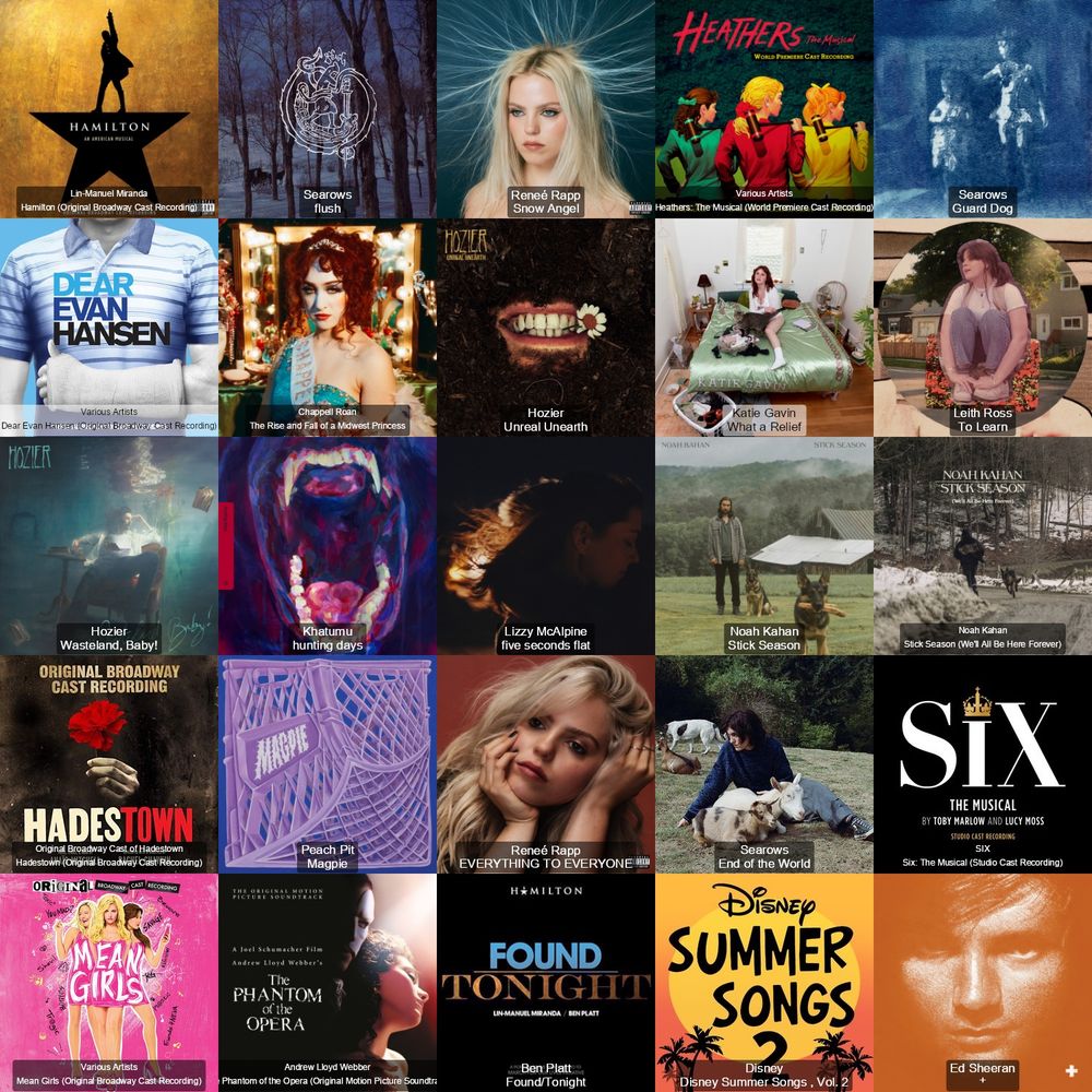 START ID. a five by five grid of albums. from top left to bottom right the albums are as follows: hamilton, flush, snow angel, heathers: the musical, guard dog, dear evan hansen, the rise and fall of a midwest princess, unreal unearth, what a relief, to learn, wasteland baby, hunting days, five seconds flat, stick season, stick season (we’ll all be here forever), hadestown, magpie, everything to everyone, end of the world, six: the musical, mean girls: the musical, the phantom of the opera, found/tonight, disney summer songs vol. 2, and +. END ID.