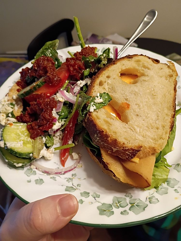 plate of food; a salad including a sun dried tomato vinaigrette with cucumbers, tomato, red onion and feta - a sandwich on sourdough and colby jack cheese 