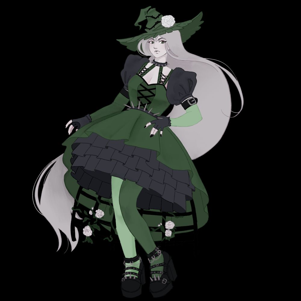 Art of Morgan Marrow, a white haired witch in a green and black lolita-inspired design with white roses, giving the viewer a disapproving glare