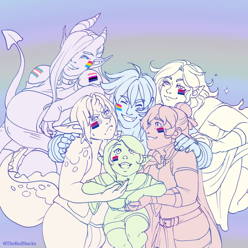 A pic of the core RedStacks gang sharing a group huddle, with each of them having their relevant pride flags painted on their cheeks. Gwen's held up between Heero and Felix, with Heero is looking considerably more flustered about being close-quarters than Felix. Zev crowds in behind them, arms wrapped around the boys' shoulders, while Tryst and Azalea hover and lean in behind them all from the back~