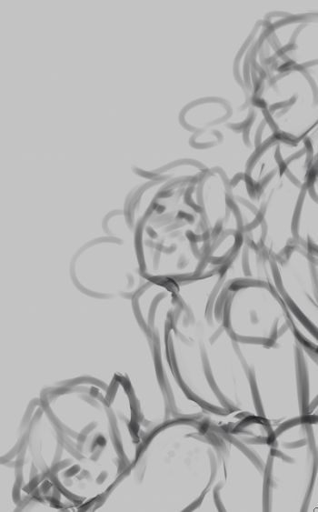 A rough WIP sketch of Felix sandwiched between his lovers, Sean and Erica. 