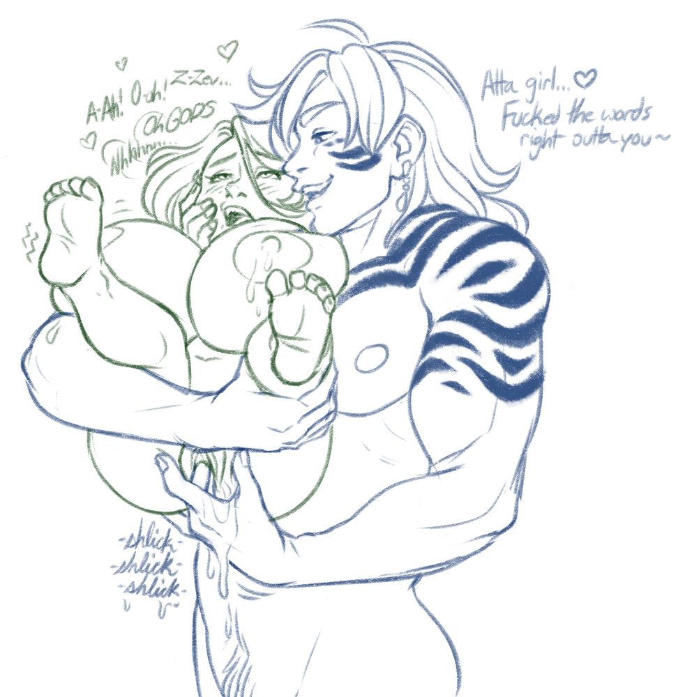 Zevant holds an extra-busty Gwen aloft in his right arm, almost folding her in half, while his left hand goes to town fingering her dripping pussy below. Gwen is understandably overwhelmed, blushing and shivering with broken dialogue. "A-ah! O-oh! Z-Zev... Nhhh... Oh GODS". Zev grins with satisfaction from ear to ear. "Atta girl... Fucked the words right outta you~"

