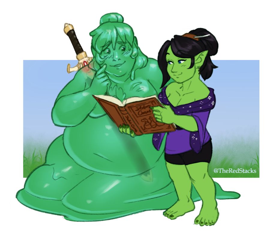 Gwen stands next to a nude, translucent Felix, who's been transformed into a fat, blue-green slime. Gwen holds a book of "Status Cures" open for him to read, looking particularly smug at the hero, who gives her a sheepish look in turn. 