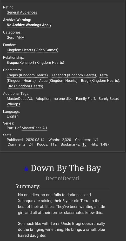 Phone Screen Capture of Archive of Our Own tags, title, and summary.