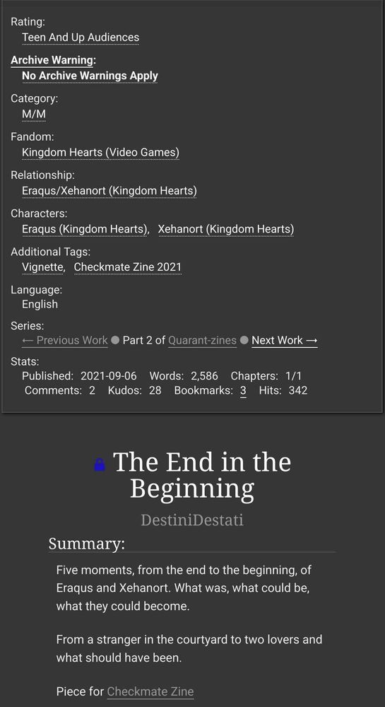 Phone Screen Capture of Archive of Our Own tags, title, and summary.