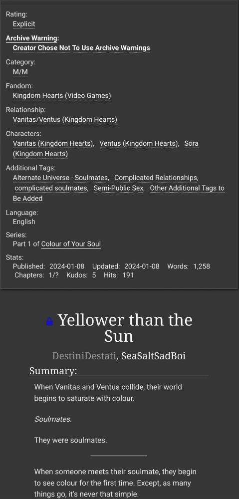 Phone Screen Capture of Archive of Our Own tags, title, and summary.