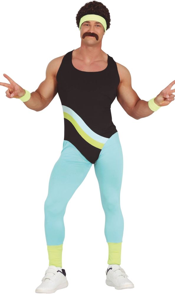 A man wearing a 1980s baby blue aerobic tights 