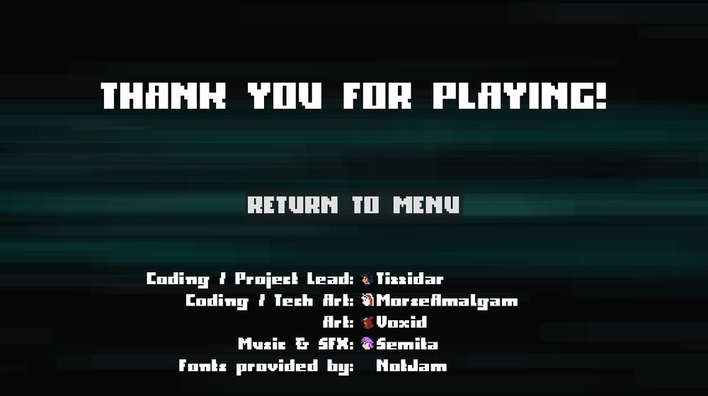 End screen of It's Burt Time! A game by Tizzidar, MorseAmalgam, Voxid, & Semita.