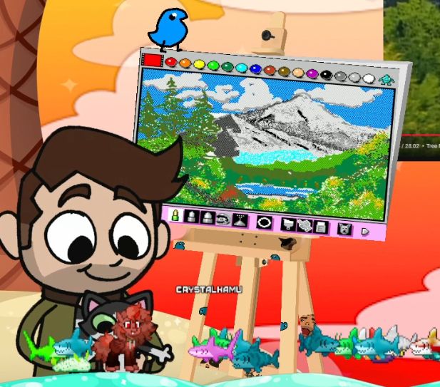 blawnk drawing a Bob Ross painting in Mario Paint