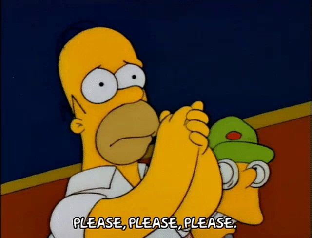 a cartoon of homer simpson holding a green hat and saying " please please please "