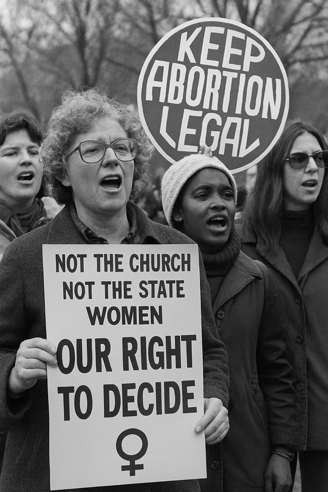 Black and white photo of four women at a 1970s protest. One holds a sign reading “NOT THE CHURCH, NOT THE STATE, WOMEN—OUR RIGHT TO DECIDE.” Another holds “KEEP ABORTION LEGAL.” All are mid-chant, eyes forward, fierce and united.