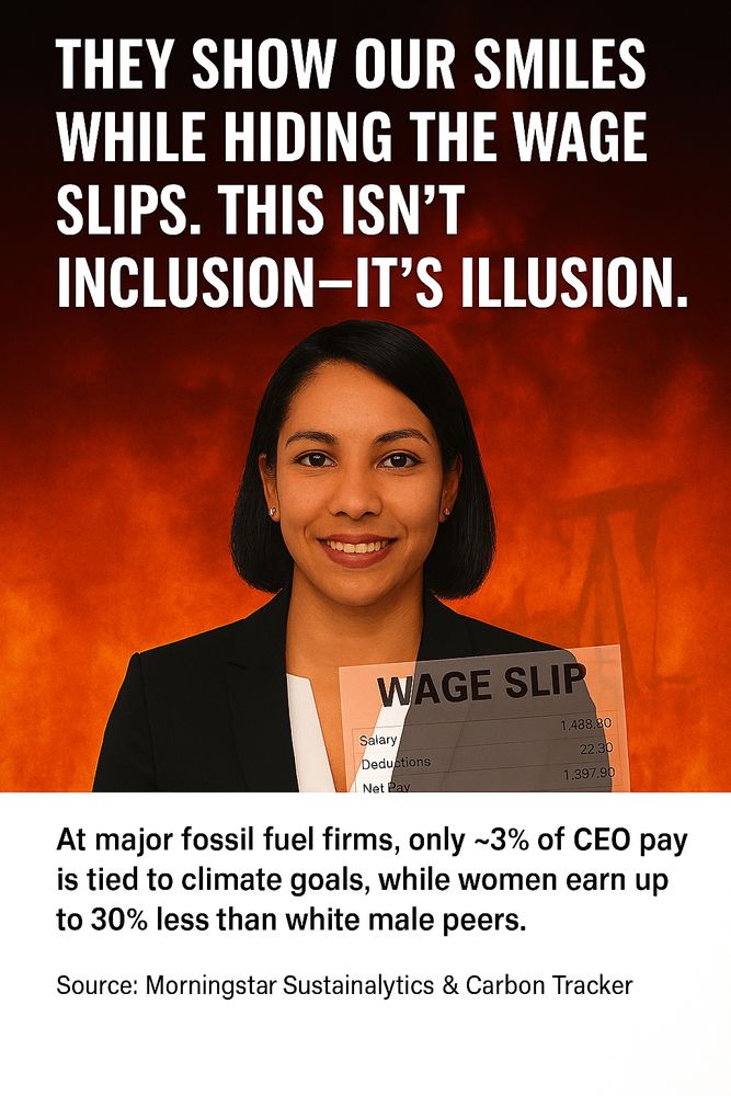 A professional woman with a warm smile stands against a backdrop of vivid flames. She wears a black blazer and white blouse. Bold white text reads: “They show our smiles while hiding the wage slips. This isn’t inclusion—it’s illusion.” A translucent wage slip overlays her chest, showing a low salary. Below, a statistic highlights pay gaps and lack of climate-linked executive incentives.
