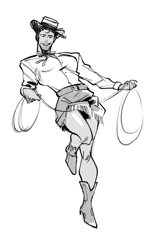 jayce as a cowgirl pinup in black and white. he's in a miniskirt, heeled boots, and a tight button up with one leg lifted and a lasso in both hands