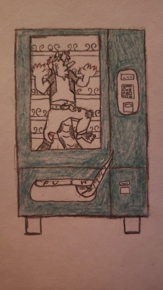 An anthro rat stuck in a vending machine.
