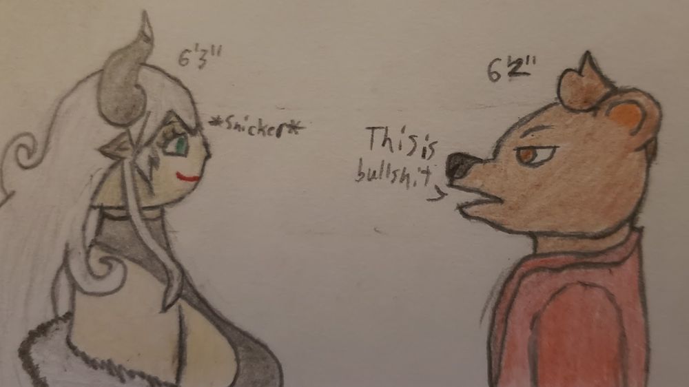 An anthropomorphic bear saying "This is bullshit." to a horned lady one inch taller than him.